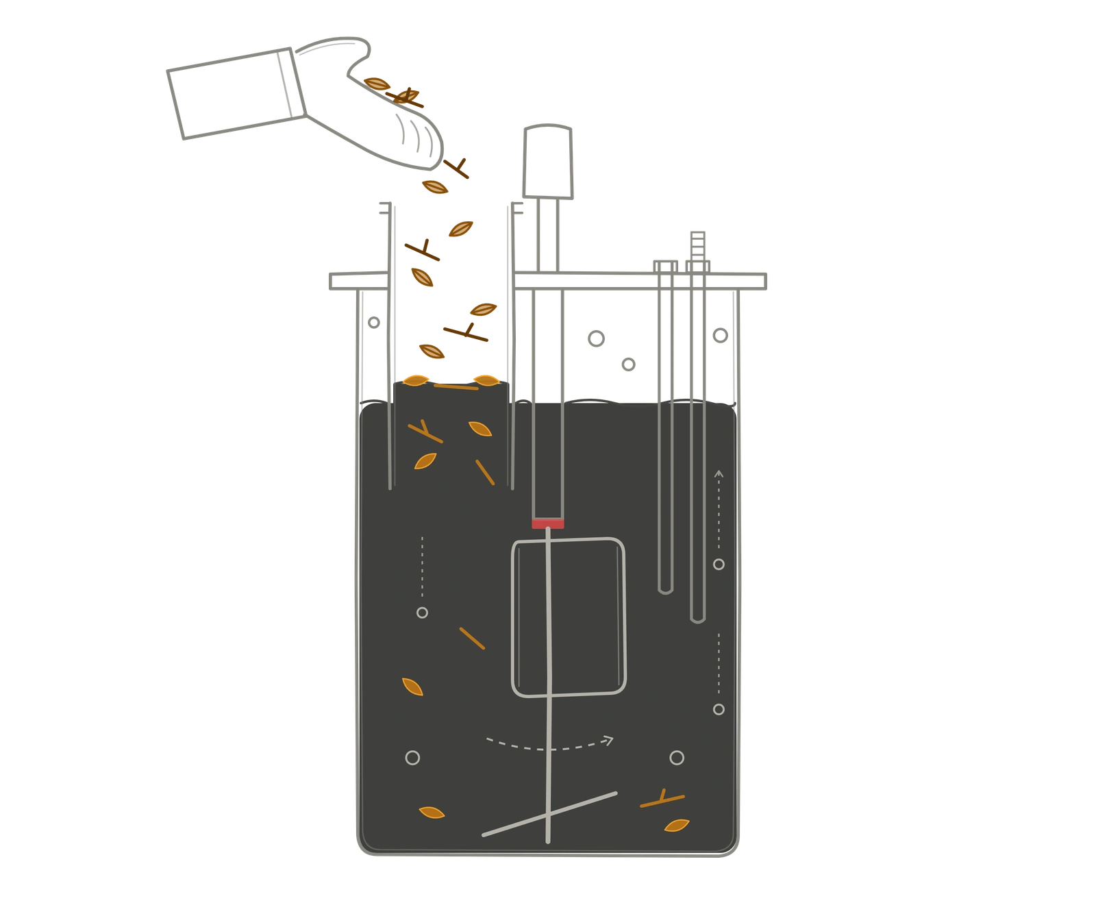 Cross-section showing the feeding port extending below the liquid level, keeping gas in the reactor headspace while feed is added