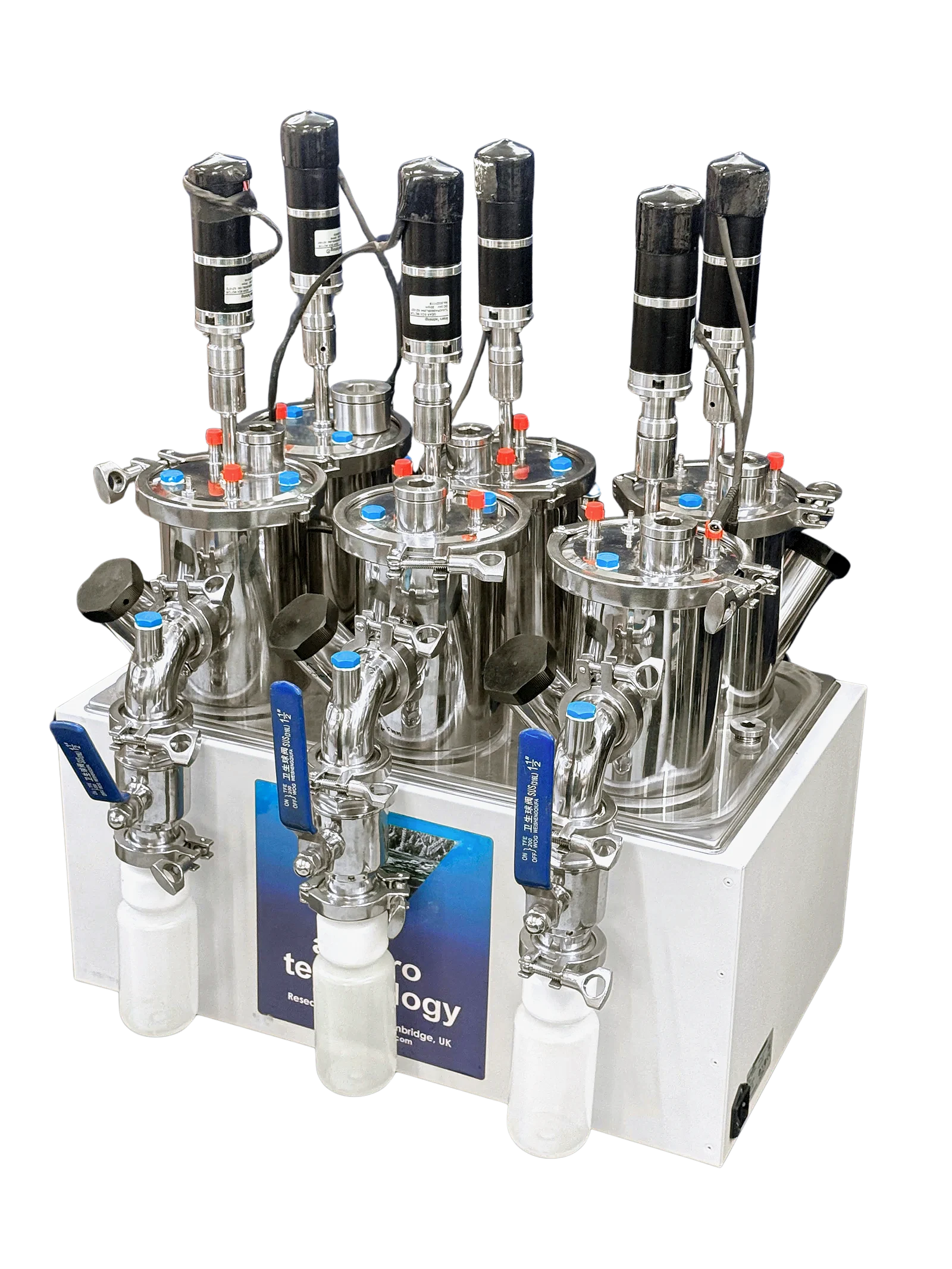 The Phoenix set of six 2 L stainless steel reactors in their heated water bath, with effluent bottles